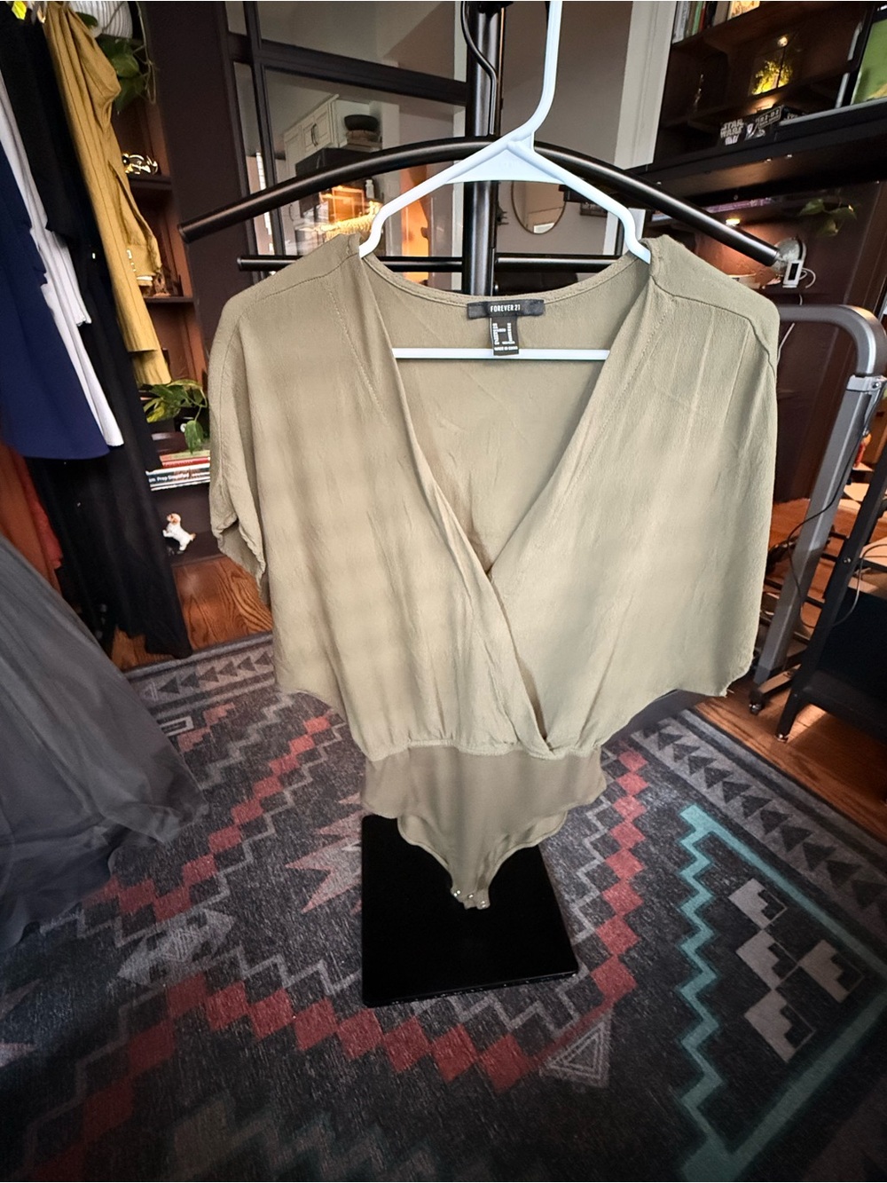 Express Olive Green Wrap Bodysuit with Dolman Sleeves